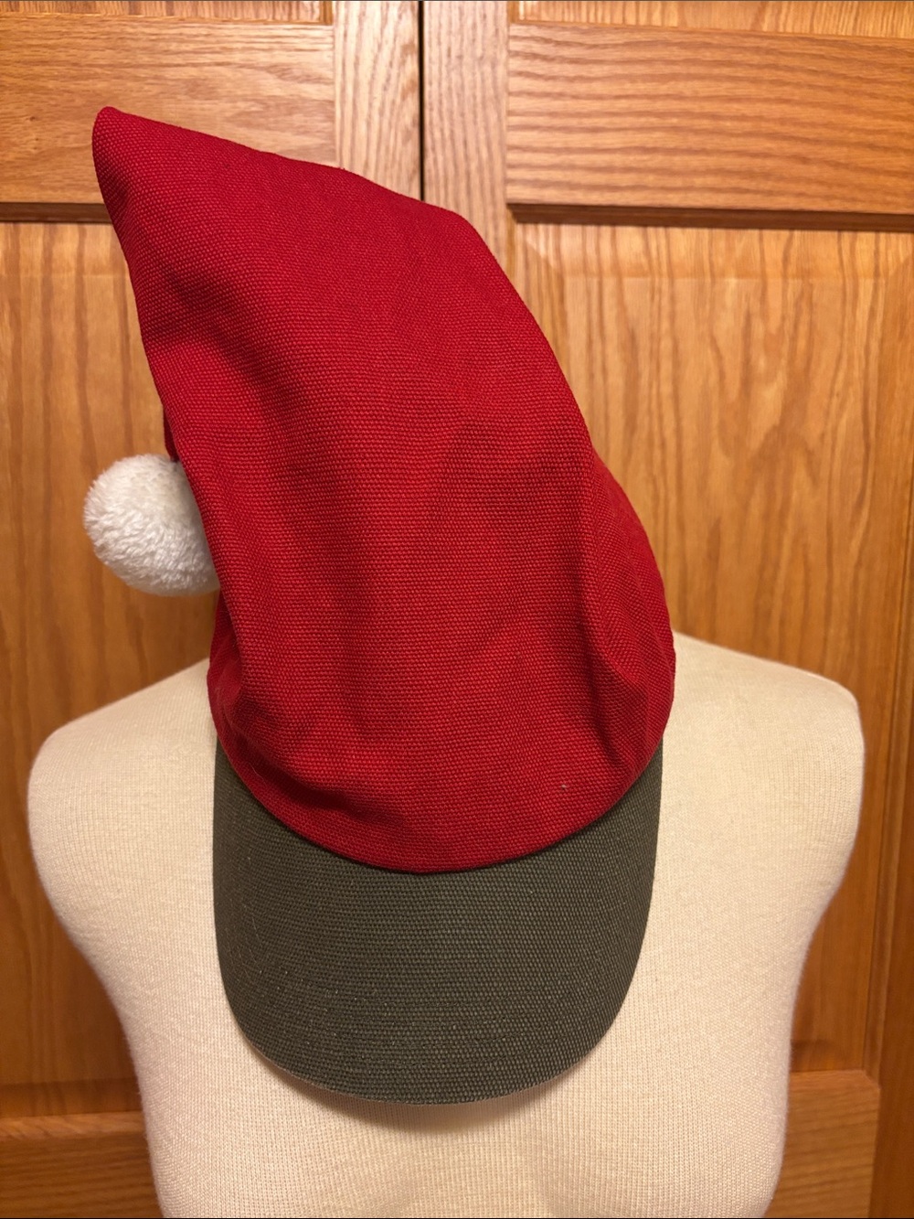 Duluth Trading Co Red Cap with Olive Visor and White Pom